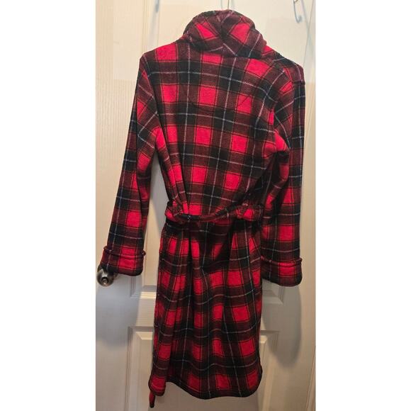 Ralph Lauren Red Plaid Fleece Logo Midi Belted Pocket Robe sz S - Picture 2 of 6